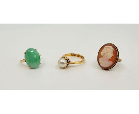 A Chinese 22ct. gold and cultured pearl dress ring, size UK Q (gross weight 4.1g), together with a 9ct. gold and jadeite ring