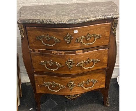 A  French diminiuitive size commode retaining orignal marble topFaults losses to venner 