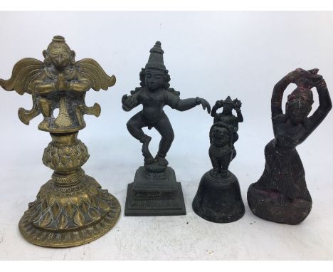 A collection of three bronze items to include a 20th century Indian bronze figure of kneeling Garuda, height 17.3cm, a 20th c