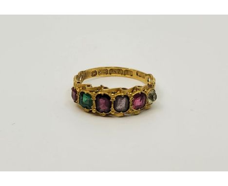 A Victorian 15ct. gold "Regard" style ring, Birmingham 1860, set clear and coloured stones, with pierced shoulders and engrav