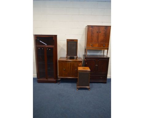 A QUANTITY OF MAHOGANY FURNITURE, to include glazed corner cupboard, hi fi cabinet with two speaker cabinets and two other tw