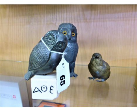 An antique novelty pewter owl pounce pottogether with a Greek owl figurine, and a bronze chick. (3)