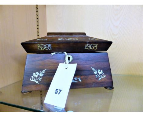 A rosewood & mother of pearl inlaid sarcophagus shaped tea caddynineteenth century, exquisite mother of pearl floral inlay, o