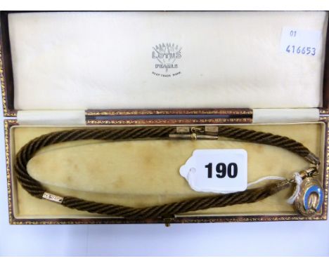 A 9ct gold and enamel Victorian mourning pendant on hair/braidwork necklace.