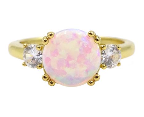 Silver-gilt three stone opal and cubic zirconia ring, stamped 925