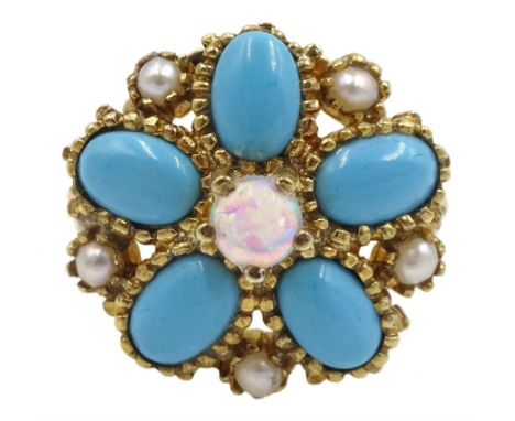 Silver-gilt turquoise, pearl opal cluster ring, stamped Sil