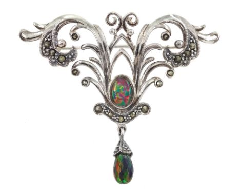 Silver opal and marcasite brooch, stamped 925