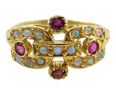 Silver-gilt opal and garnet ring, stamped Sil