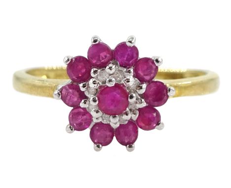 Silver-gilt ruby and diamond cluster ring, stamped 925