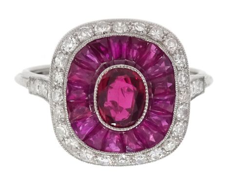 Platinum ring set with central oval ruby, halo of calibre cut rubies and halo of diamonds, with diamond shoulders