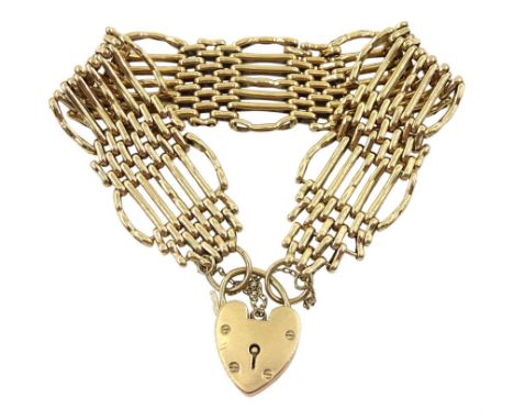 9ct gold seven bar gate bracelet, with heart locket clasp, hallmarked, approx 30.1gm