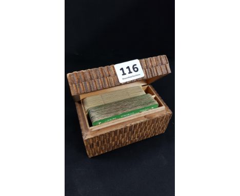 BOG OAK CARD CASE WITH 'SOUVENIR OF ULSTER' AND 'HAMLET' PLAYING CARDS