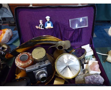 A Vintage Suitcase Containing Curios to Include Boomerang, Camera, Junghans Battery Operated Clock, Mineral Samples etc