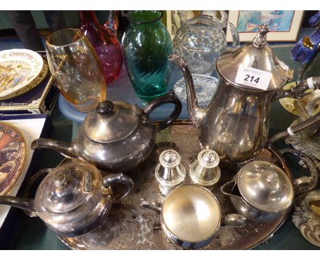 A Silver Plated Gallery Tray Containing Three Piece Silver Plated Tea Service, Cruet Set and Two Tea Pots 