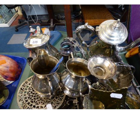 A Tray Containing Silver Plate Tea Service, Vases, Teapot Stands Cake Baskets Etc