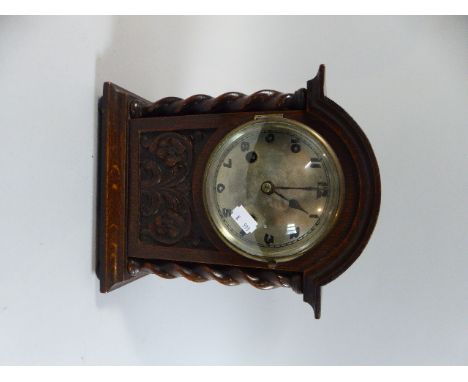 An Edwardian Carved Oak Dome Topped Mantle Clock with Barley Twist Pilasters, 17cm high 