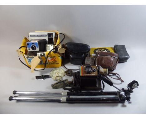 A Tray of Sundries to Include Vintage Cameras, Tripod Etc