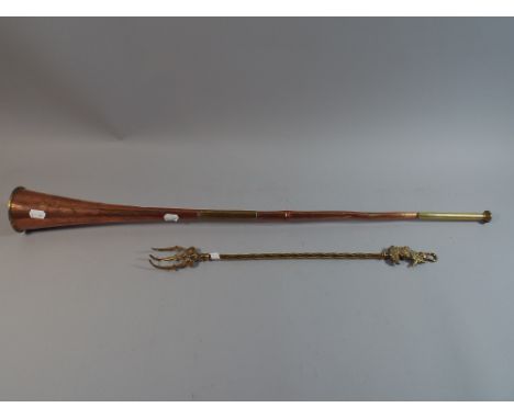 A Copper Coaching Horn and a Brass Cat and Fiddle Toasting Fork 