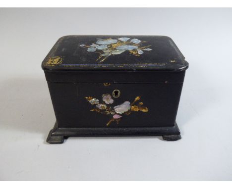 A 19th Century Mother of Pearl Inlaid and Lacquered Tea Caddy, Hinges in Need of Attention Missing One Bracket Foot, 17cm Wid
