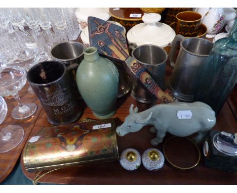 A Tray of Sundries to Include Decorated Brass Purse, Pewter and Other Tankards Including MGM Studios, Table Lighter, Decorate