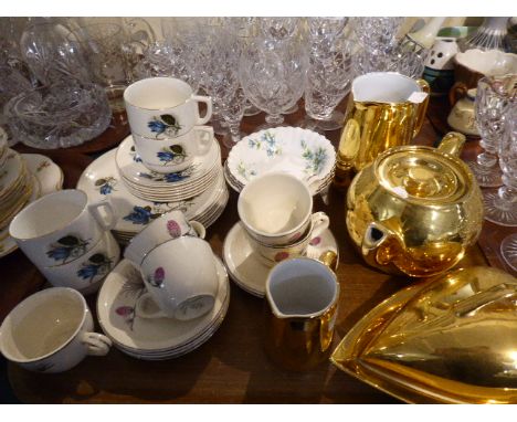 A Tray of Floral Pattern Coffee Wares, Royal Worcester Gilt Tea Pot Jug and Butter Dish 