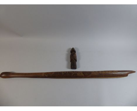 An Aboriginal Spear Thrower with Carved Kangaroo Decoration Together with Japanese Kokushi Wooden Doll and Carved Wooden Figu