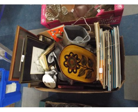A Box Containing Various Blue Peter Annuals, Ceramic Ornaments, Prints Etc