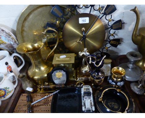 A Tray of Metal Wares, Wall Clock, Carriage Clock etc