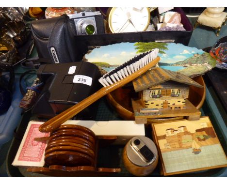 A Tray of Sundries to Include Novelty Ski Boot Lighter, Treen Coaters, Swiss Musical Box etc