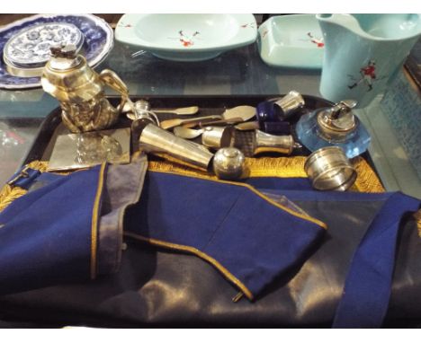 A Tray of Curios to Include Sherlock Holmes Novelty Table Lighter, Cruet Set, Teaspoons, Masonic Apron Etc 