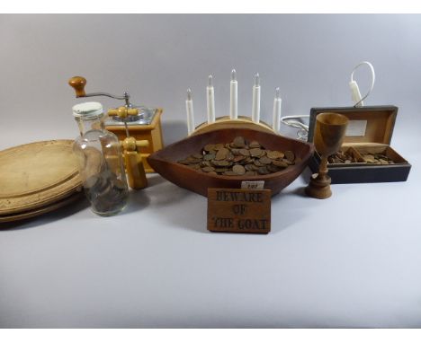 A Tray of Treen Ware to Include Bread Boards, Bowls, Coffee Grinder, Cork Screw etc Together with Large Quantity of Copper Co