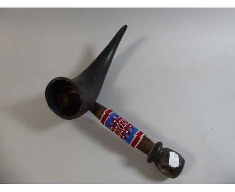 An African Horn Smoking Pipe or Bong, With Bead Work Decoration and Turned Wooden Mouth Piece 