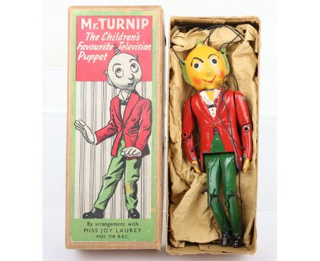 Barrett & Sons for Luntoy boxed Mr Turnip lead painted string puppet, jointed puppet with strings and control, boxed with lab