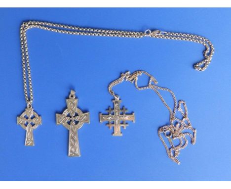 Two 9ct gold Celtic Cross pendants, one other and two chains