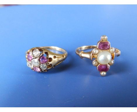 A diamond & ruby cluster ring and a pearl & ruby dress ring (2)