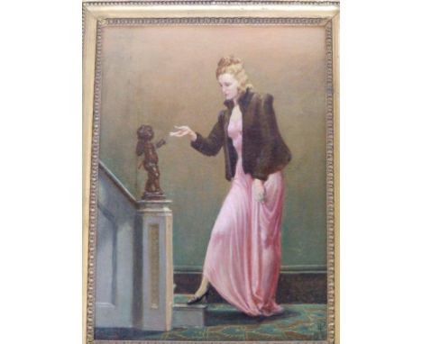 Lawrence Preston – oil on canvas – Portrait of a fashionable female in an interior, initialled & dated 1951