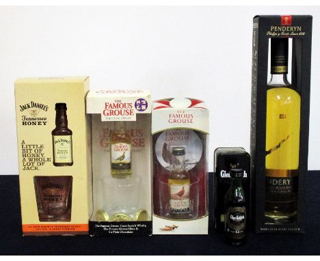 1 50-ml bt Jack Daniels Tennessee Honey with Branded Glass Tumbler oc 2 50-ml bts The Famous Grouse ind oc with Branded Whisk