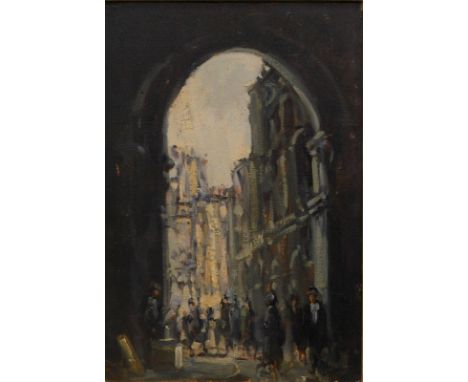David Hyde (b. 1947). Continental street scene, many figures in an arch, oil on canvas, indistinctly signed, 35cm x 24cm.