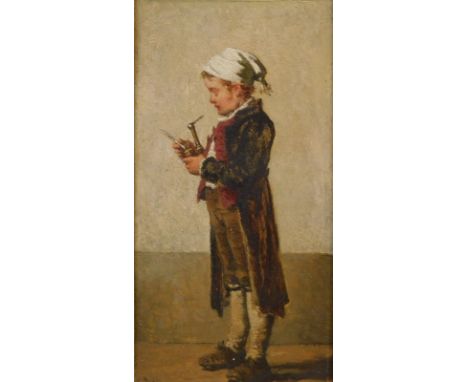 Carl Schloesser (1832-1914). His First Pipe, oil on board, signed, 20cm x 10cm.