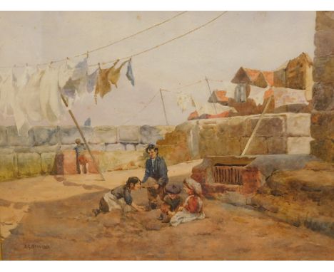 Albert George Stevens (1863-1925).  Children playing on a street before washing lines, watercolour, signed, 30cm x 39cm.