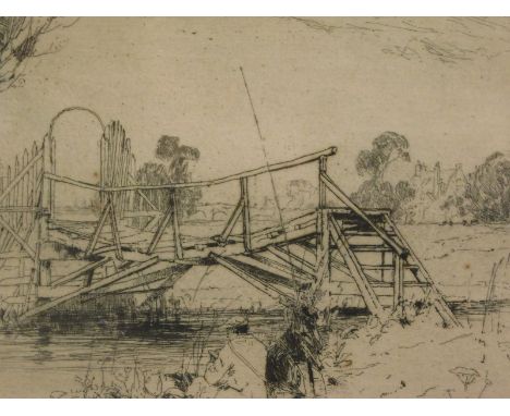 Francis Job "Frank" Short (1857-1945). Angler's bridge on The Wandle, etching, signed and titled, 14cm x 23cm.