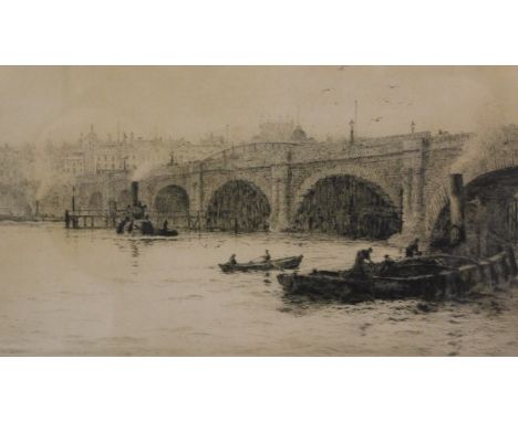 William Lionel Wyllie (1851-1931). Thames scene with barges and tugs, dry point etching, signed in pencil, 15cm x 35cm.