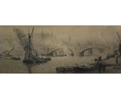 William Lionel Wyllie (1851-1931). River Thames scene with bridge and steam tugs, etc., dry point etching, signed in pencil, 
