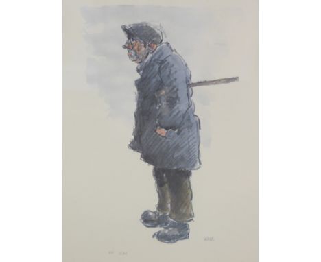 Sir Kyffin Williams (1918-2006). Elderly gentleman holding walking stick, artist initialled proof, 52cm x 38cm. Upon initial 
