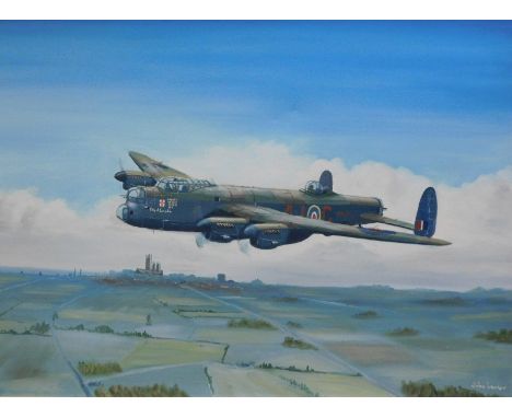 John Larder (20thC). Lancaster bomber and Spitfire, oil on canvas, signed, 50cm x 80cm - a pair and a further print (3).