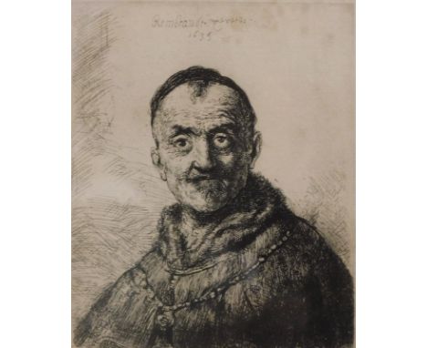 James Hamilton McKenzie (Glasgow School). Rembrandt portrait, etching, 16cm x 13cm, and street scene, signed (2).