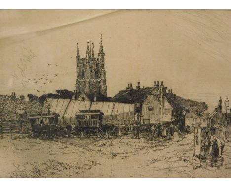 Francis Job "Frank" Short (1857-1945).  Townscape, strolling players at Lydd, etching, 17cm x 25cm.