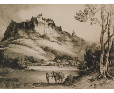 Albany E. Howarth (1872-1936). A view of Stirling Castle - Scotland, with a figure and horse in the foreground, dry point etc