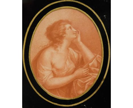 After Baxter.  Red ovals, white ovals, portrait of a lady, sepia print, 10cm x 8cm.