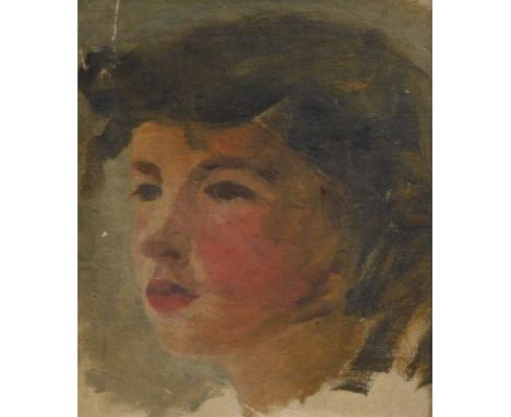 20thC School. Portrait of a lady, oil on board, unsigned, 25cm x 21cm.